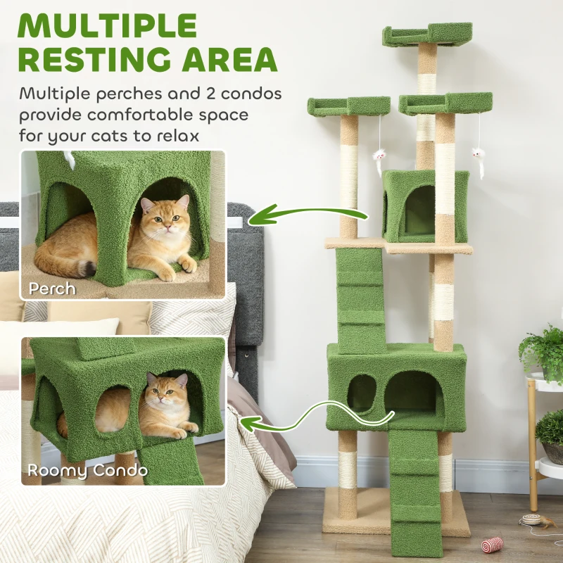 PawHut 68-inch Multi-Level Cat Scratching Tree Kitty Activity Center Post Tower Condo Pet Furniture w/ Toy Green