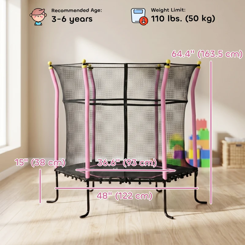 Soozier 63" Kids Trampoline Mini Indoor Bouncer Jumper with Enclosure Net Elastic Thick Padded Pole Gift for 3-6 Years, Pink