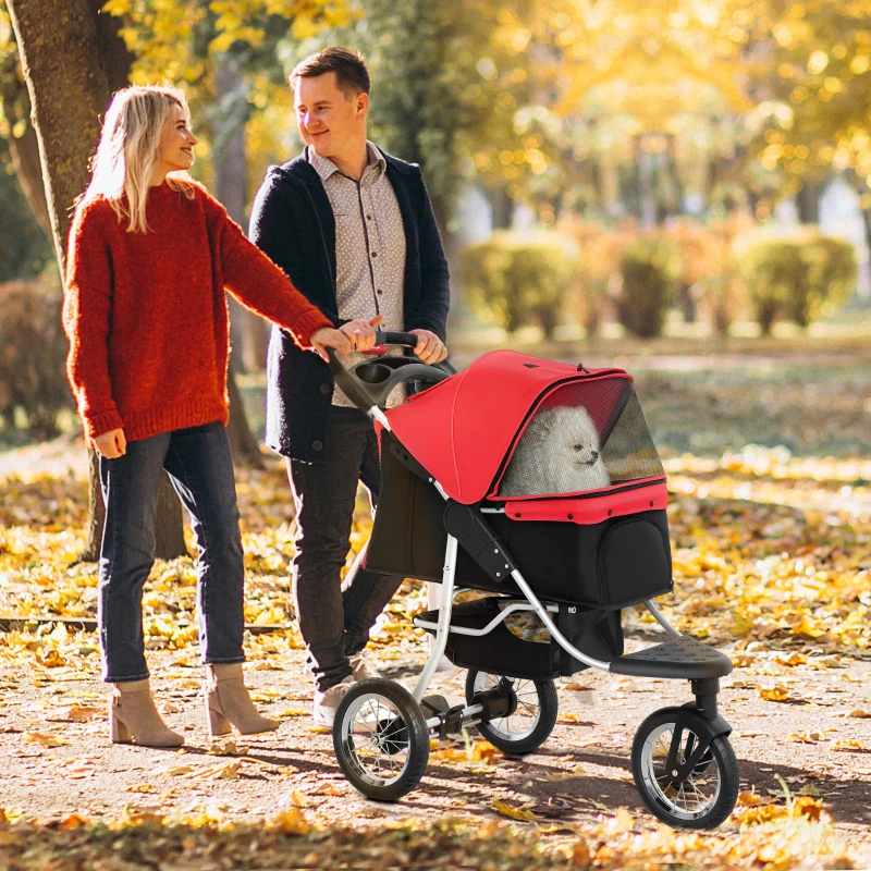 PawHut Pet Stroller for Small Dogs, 3 Rubber Wheels, One-click Easy Folding All-Terrain Dog Stroller, Adjustable Canopy, Zippered Mesh Window Door, Storage Basket, Red