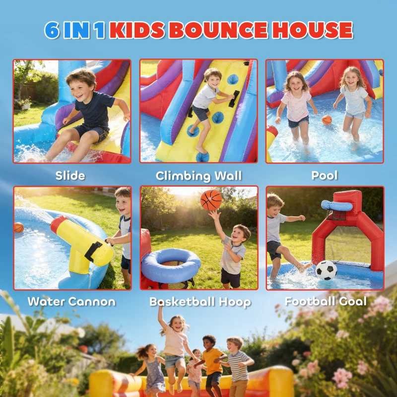 Qaba Inflatable Water Slide 6 in 1 with 480W Blower, Bounce House with Climbing Wall, Splashing Pool, Basketball Hoop