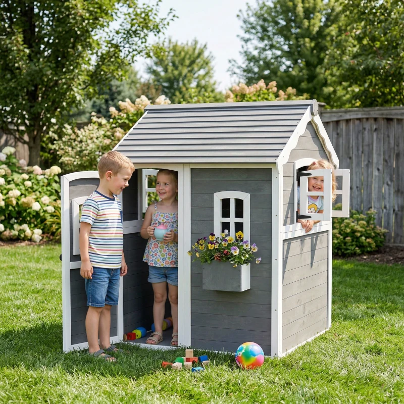 Outsunny Outdoor Wooden Playhouse for Kids with Floor, Door, Windows, Planter Box for 3-8 Years Old, Backyard, Lawn, Garden