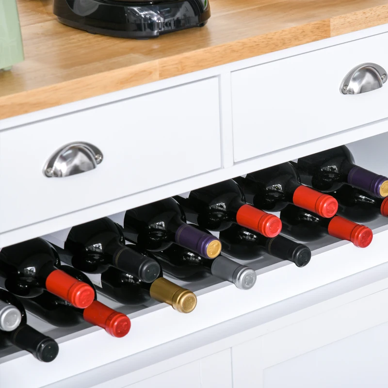 HOMCOM Rolling Kitchen Island Cart, Trolley Cart with Wine Rack, Rubberwood Top, Drawer and Hook, White