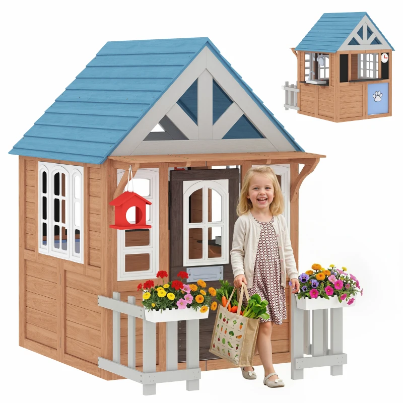 Qaba Wooden Kids Playhouse with Pet Door, Play Kitchen, Mailbox, Doorbell, Birdhouse, Fence and Windows for Pretend Play