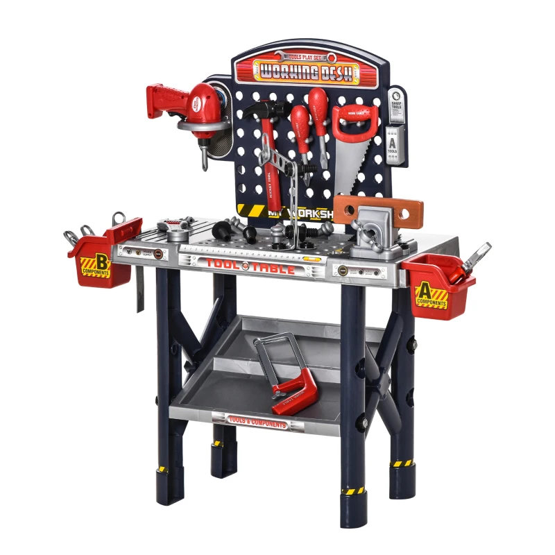 Qaba 55 PCS Kids Workbench and Construction Toy, Toddler Tool Workshop, STEM Educational Pretend Play, w/ Shelf Storage Box, Gift for Boys & Girls, Aged 3-6 Years Old