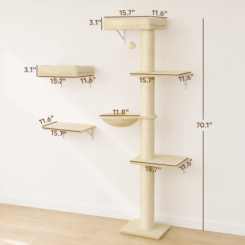 PawHut Cat Wall Shelves, 3-in-1 Cat Wall Furniture Set with Scratching Post for Indoor Kittens Climbing Sleeping, Beige