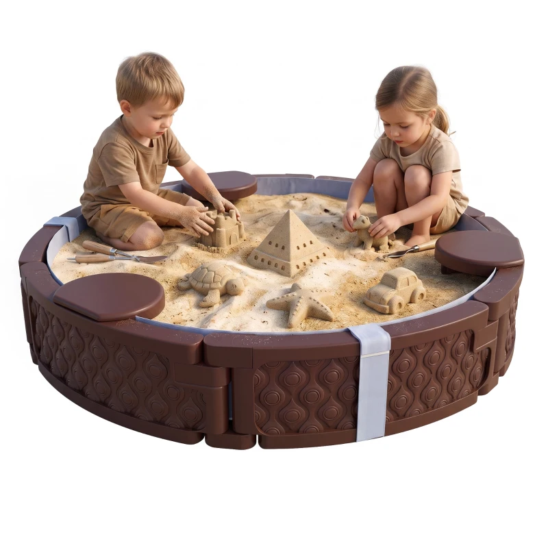 Qaba 47" Round Kids Sandbox with Cover, 3 Seats, Waterproof Bottom Liner, for Backyard, Lawn, Garden, Beach, Patio, Brown