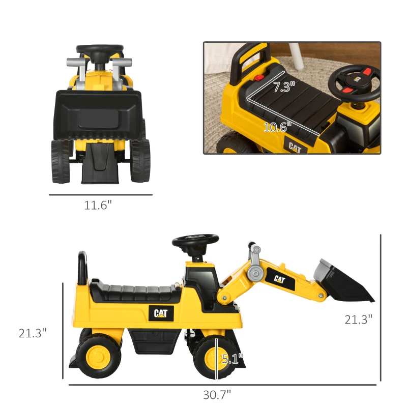 Aosom Caterpillar CAT Licensed Kids Ride on Excavator No Power Construction Vehicles with Manual Shovel, Horn, Hidden Storage