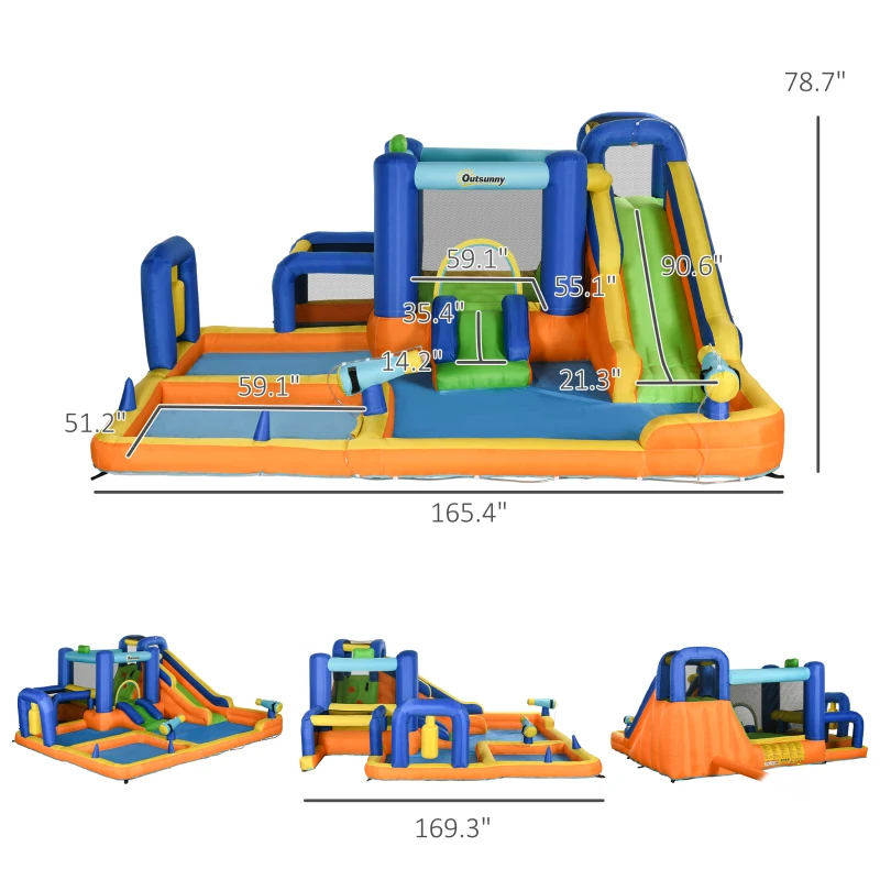 Outsunny 7 in 1 Water Slide w/ Slide Pool Climbing Wall Water Cannon Basketball Hoop Boxing Post Football Stand for 3-8 Years