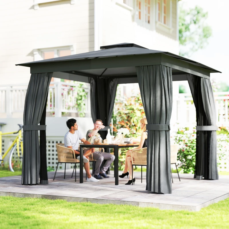 Outsunny 10' x 10' Outdoor Patio Gazebo, Soft Top Gazebo Canopy Shelter with Curtains, Netting, Steel Frame, Hook, Dark Gray