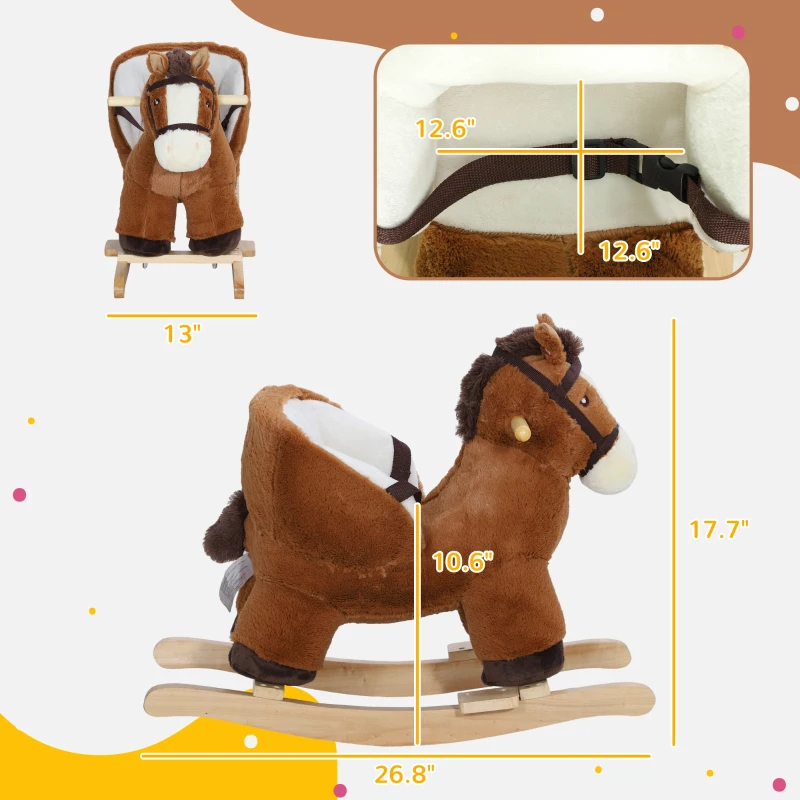 Qaba Baby Rocking Horse, Kids Ride-on with Sound, Wooden Base & Safety Belt for Ages 18-36 Months, Brown