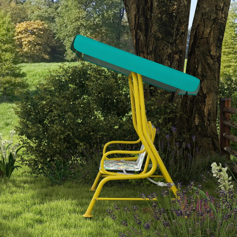 Qaba Kids Porch Swing, 2-Seater Patio Swing Bench with Safety Belts, Adjustable Canopy for Backyard, Garden, Green