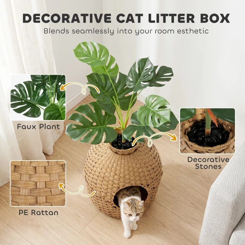 PawHut Hidden Cat Litter Box Enclosure with Faux Plant & Stainless Steel Tray for Bedroom, Living Room, Corner
