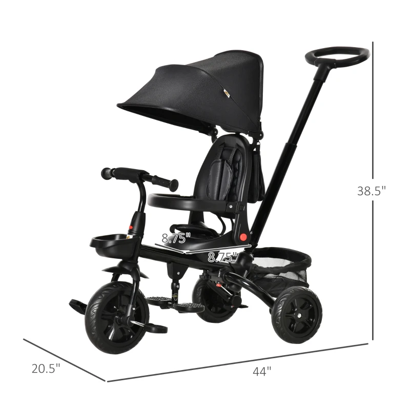 Qaba Kids Tricycle, 5 in 1 Foldable Trike with Reversible Seat, Adjustable Parent Handle, Safety Harness, Wheel Brakes, Removable Canopy, Storage, Tricycle for Toddlers 1-5 Years, Black