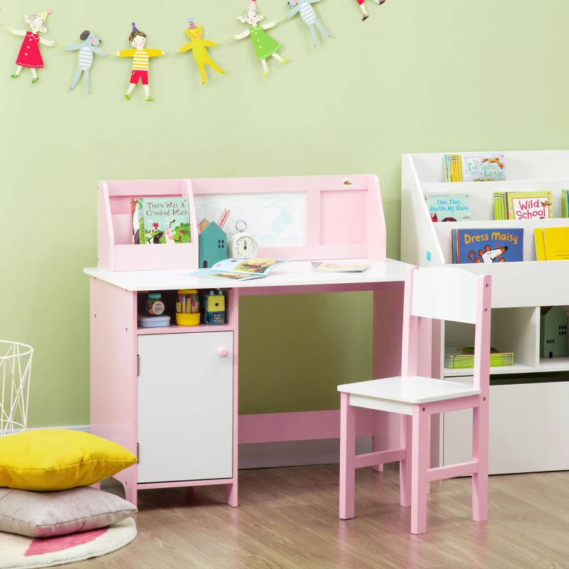 Qaba Toddler Table and Chair Set, Kids Writing Desk Homework Table with Whiteboard, Storage Cabinet, Pink