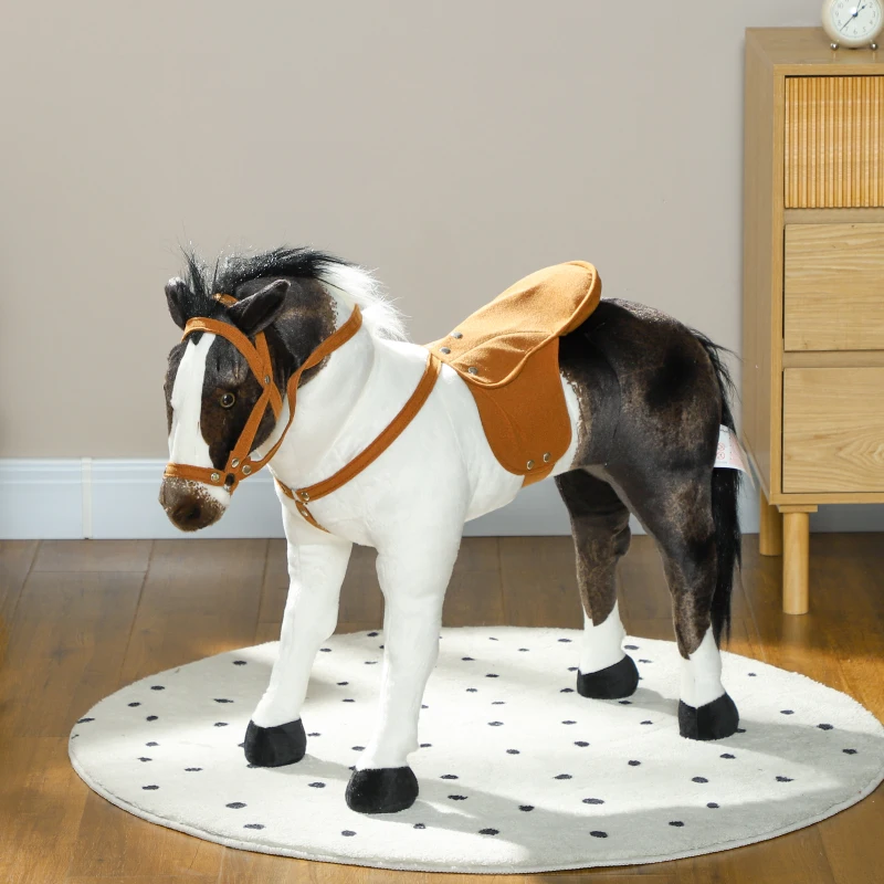 Qaba Ride on Horse for Toddlers 3-8 Years Old, Stuffed Animal Horse Toy with Neighing Sound, Brown