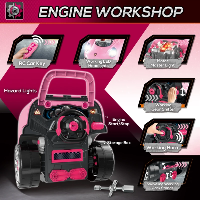 Qaba Mechanic Kids Truck Engine Toy Set, Car Service Play Set, Pink