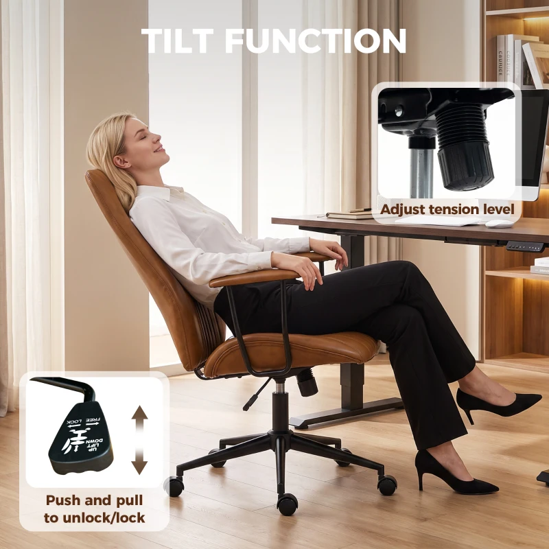 HOMCOM Leather Home Office Desk Chair, Vintage Computer Chair with Padded Arms, 360° Swivel, Adjustable Height, Tilt, Brown