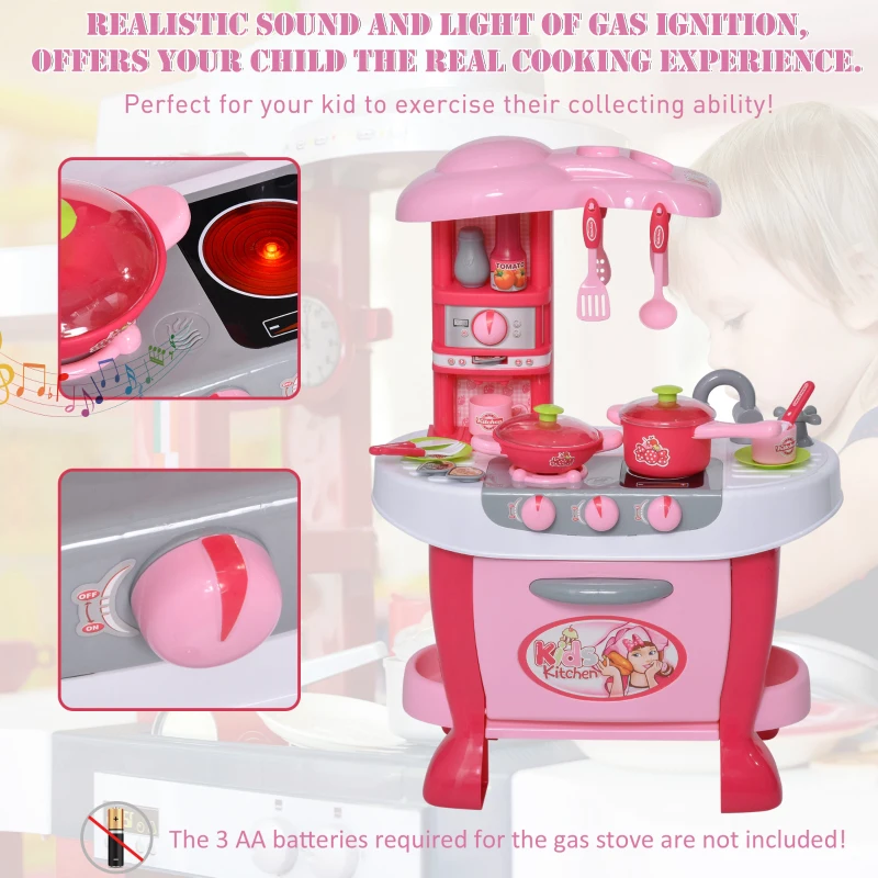 Qaba Kids Kitchen Play Set Pretend Toy Children Role Play Game Toy with Light & Sound Function  38Pcs Toy Accessories - Pink