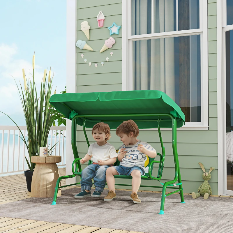 Qaba Kids Patio Swing Chair with Adjustable Canopy, Safety Belt for Patio, Garden, Poolside, Balcony, Dark Green