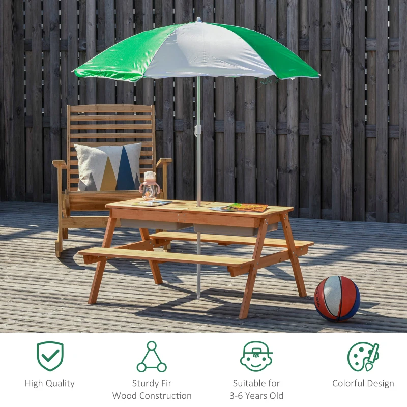 Outsunny Kids 3 in 1 Sand and Water Table, Wooden Outdoor Convertible Picnic Table with Umbrella and Storage Inside, Bench Backyard Furniture for Garden, Patio, or Balcony