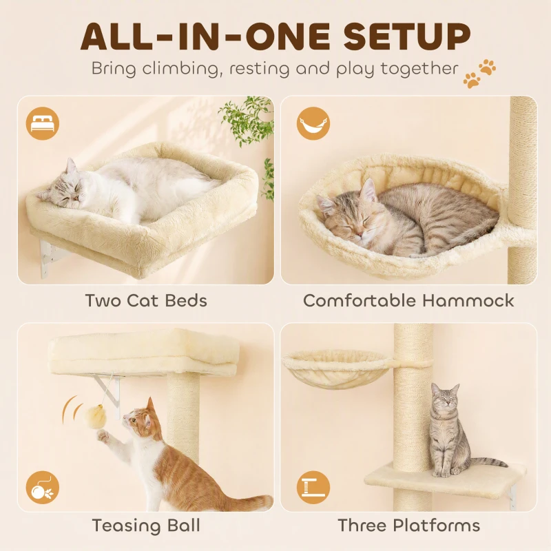PawHut Cat Wall Shelves, 3-in-1 Cat Wall Furniture Set with Scratching Post for Indoor Kittens Climbing Sleeping, Beige