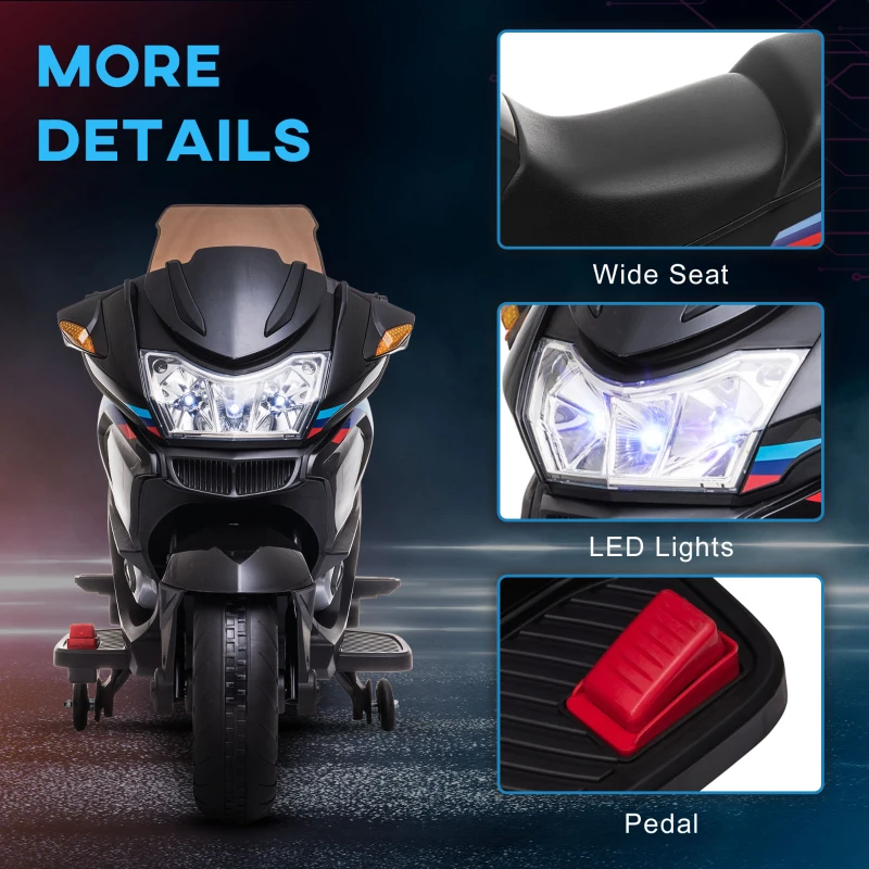 Aosom 12V Kids Electric Motorcycle with Training Wheels, Battery Power Ride on Motorbike, High-Traction at 3.7 Mph Top Speed, with Light Music, Black