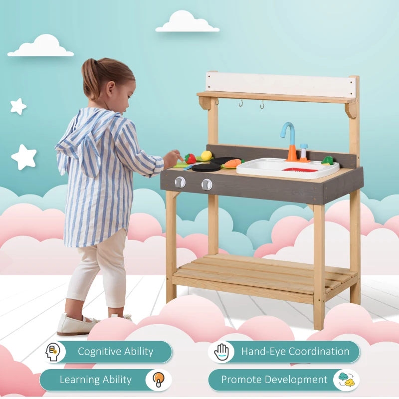 Outsunny Kids Kitchen, Playset Game with Sink, Running Water, Vegetable, Dish for 3-7 Years Old