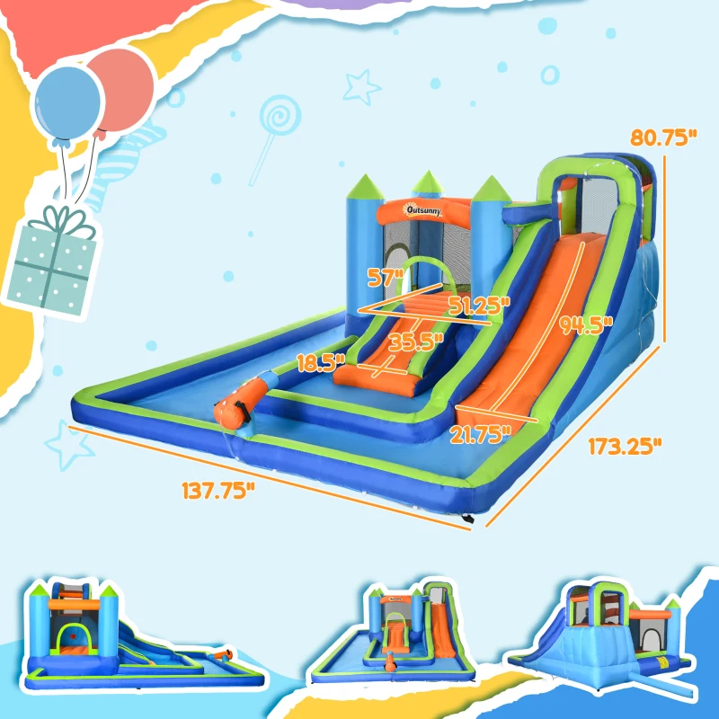 Outsunny Kids Inflatable Water Slide 5-in-1 Bounce House Water Park Jumping Castle with Water Pool, Slide, Climbing Walls, & Water Cannons, 450W Air Blower
