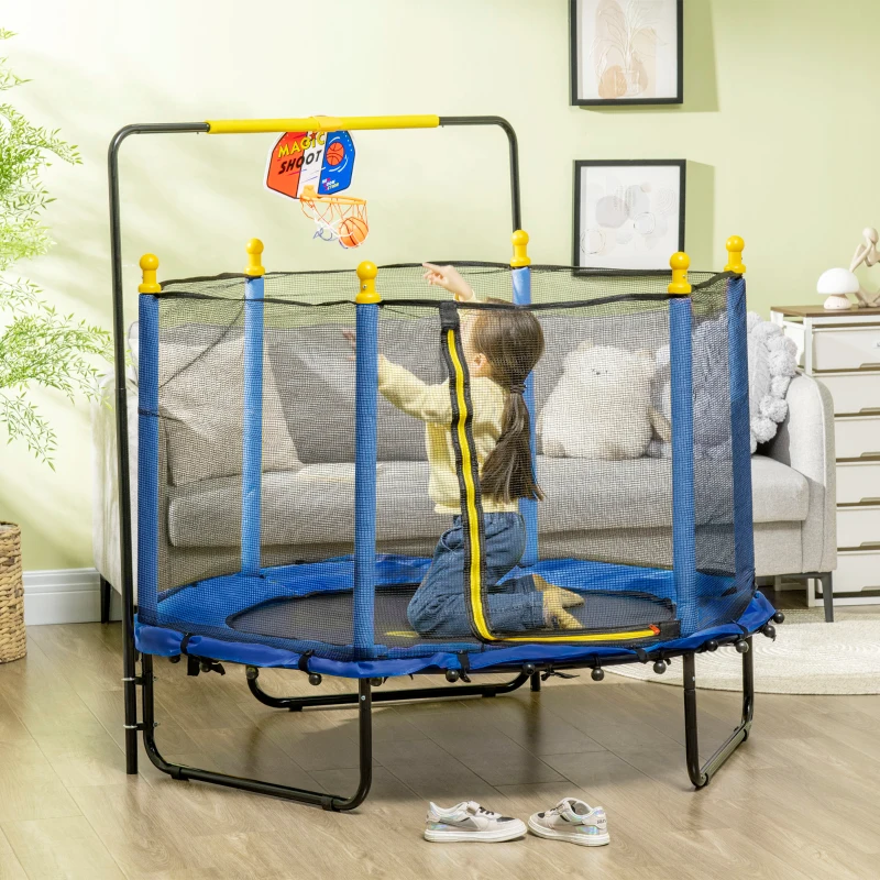 Qaba Kids Trampoline with Net, Basketball Hoop, Horizontal Bar Indoor, Blue