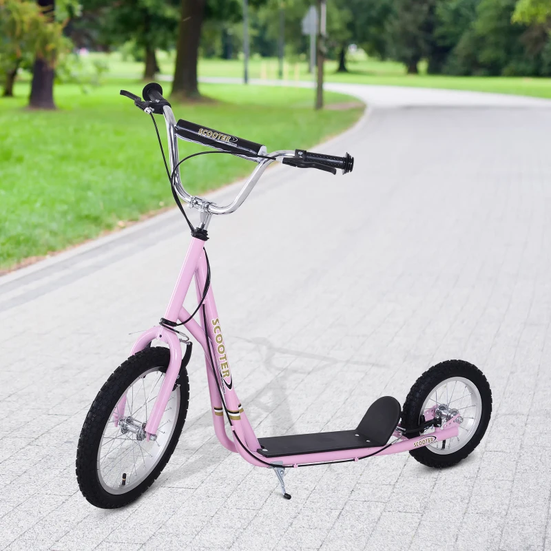 HomCom Adjustable Teen Kick Scooter Child Pro Stunt Scooter Ride On Speeder Kids Street  Bike 16" Inflatable Tire Pink
