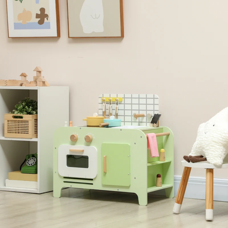 Qaba Kids Kitchen Playset with 15 Accessories, Microwave Oven, Cabinets, for Boys and Girls Ages 3+, Green