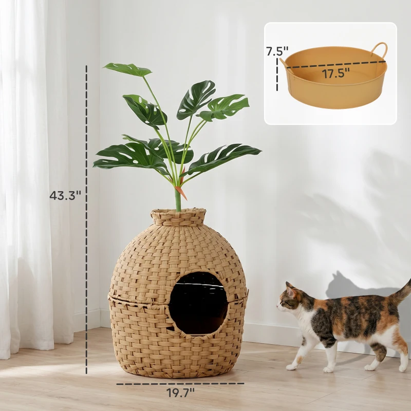 PawHut Hidden Cat Litter Box Enclosure with Faux Plant & Stainless Steel Tray for Bedroom, Living Room, Corner