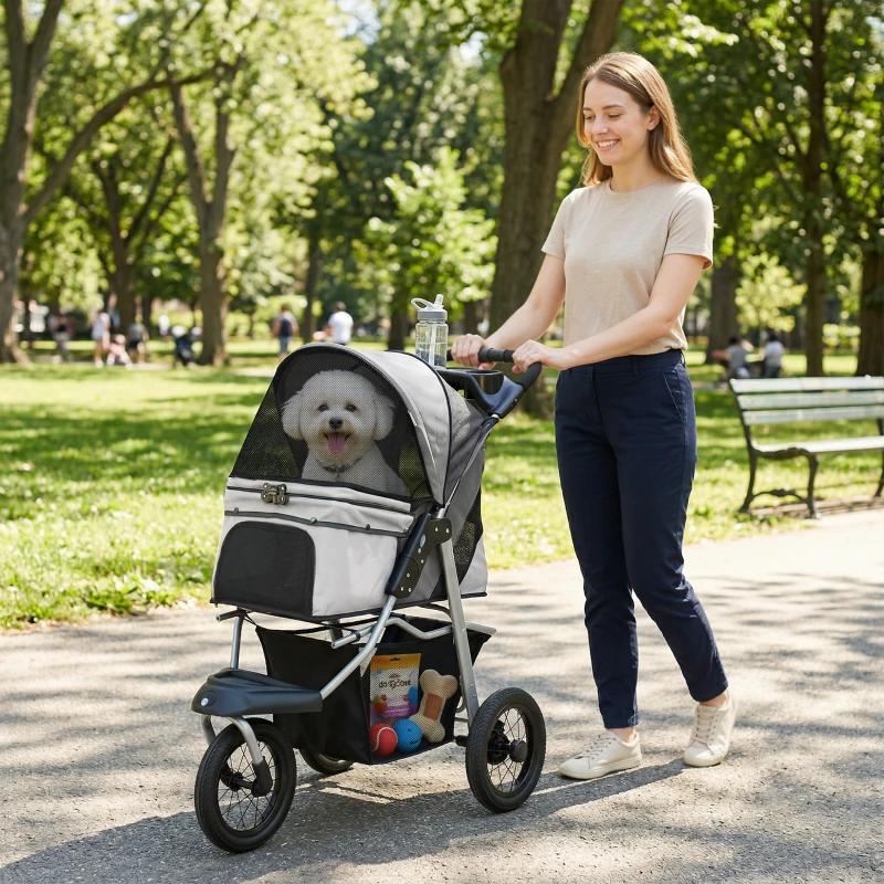 PawHut Dog Stroller, Foldable Dog Stroller with 12" Rubber Wheels for Small Dogs, Up to 22 LBS, Light Gray