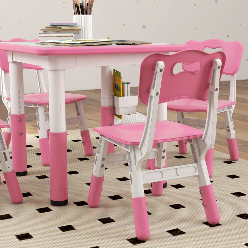 Qaba Height Adjustable 5pc Toddler Table and Chair Set with Storage Box, Easy to Wipe for 18 Months - 5 Years, Pink