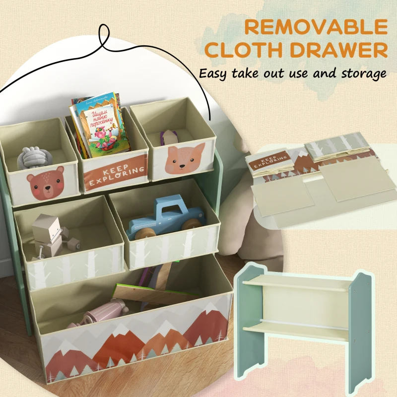 Qaba Kids Toy Organizer and Kids Easel Set with 6 Storage Bins, Paper Roll, Blackboard, Whiteboard, for Ages 3-8 Years, Green