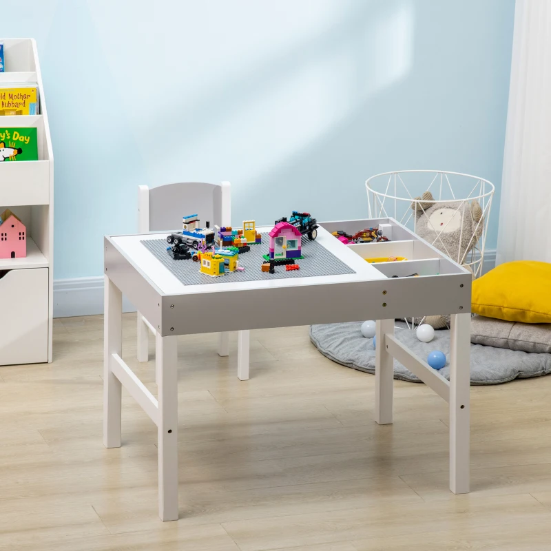Qaba Table with Storage for Kids, Multi-Usage Kids Table and Chair Set with Building Blocks Desktop, Grey