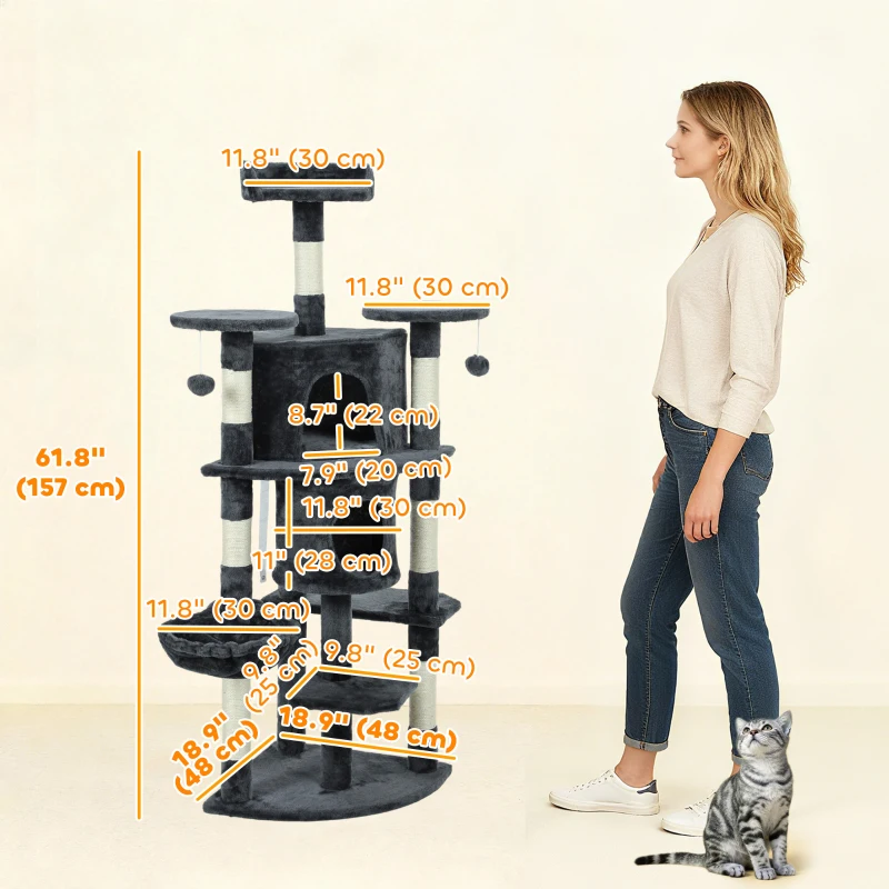 PawHut 62" Cat Tree with Scratching Post, 2 Condos, Hammock, Perches, Plush, Pompoms, for Indoor Cats, Dark Grey