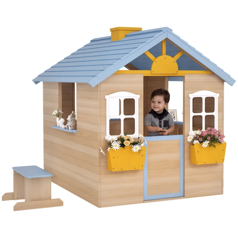 Outsunny Wooden Playhouse for Kids Outdoor Garden with Working Door, Windows, Bench, Service Station, Flowers Pot Holder, Blue