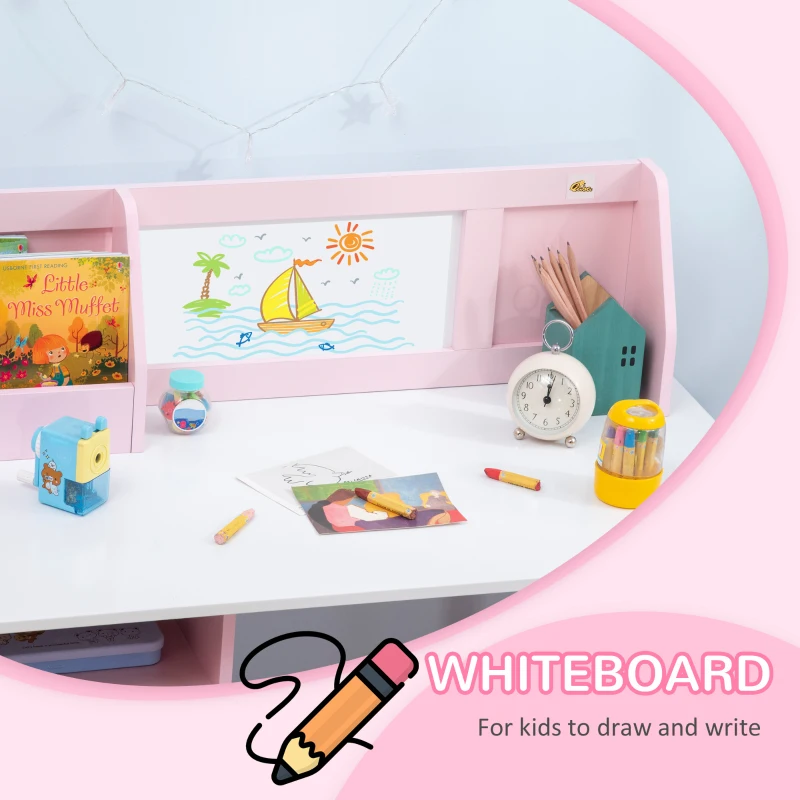 Qaba Toddler Table and Chair Set, Kids Writing Desk Homework Table with Whiteboard, Storage Cabinet, Pink