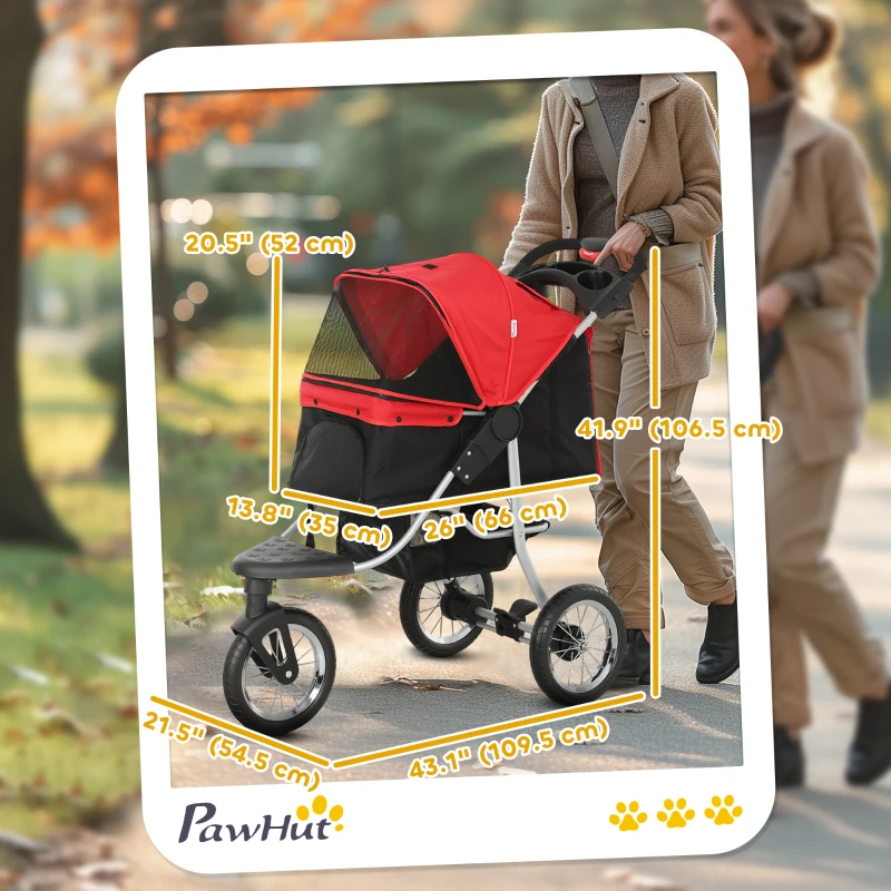 PawHut Pet Stroller for Small Dogs, 3 Rubber Wheels, One-click Easy Folding All-Terrain Dog Stroller, Adjustable Canopy, Zippered Mesh Window Door, Storage Basket, Red