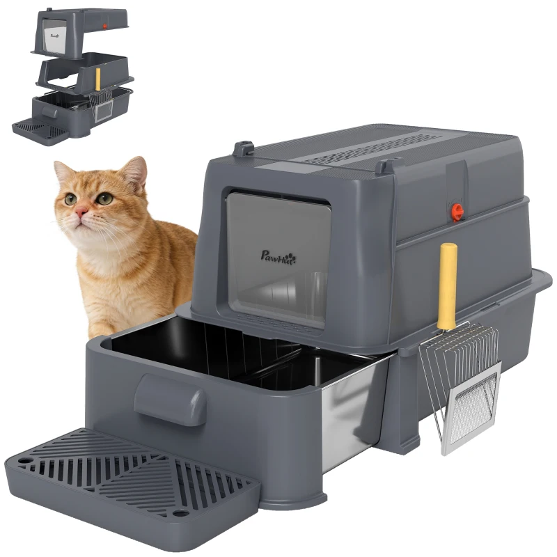 PawHut 80L XL Stainless Steel Cat Litter Box for Big Cats with Flip Cover, Pull-Out Drawer Tray, High Sided, Pedal, Dark Grey