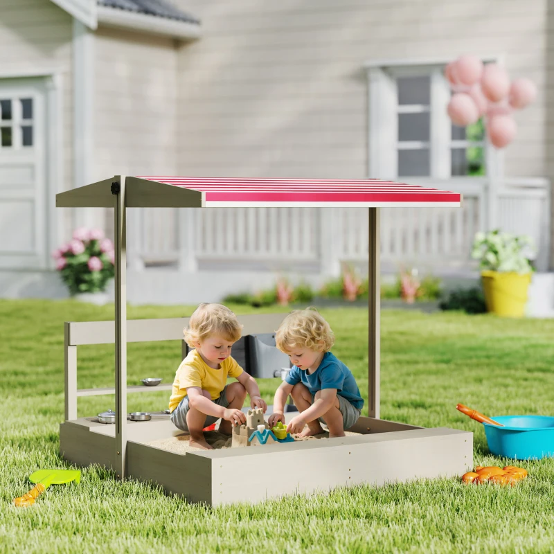 Outsunny Kids Sandbox with Height Adjustable Canopy, Wooden Sandbox Backyard Toy with Kitchen Playset Accessories, Outdoor Activity Gift for Girls and Boys, Ages 3-7