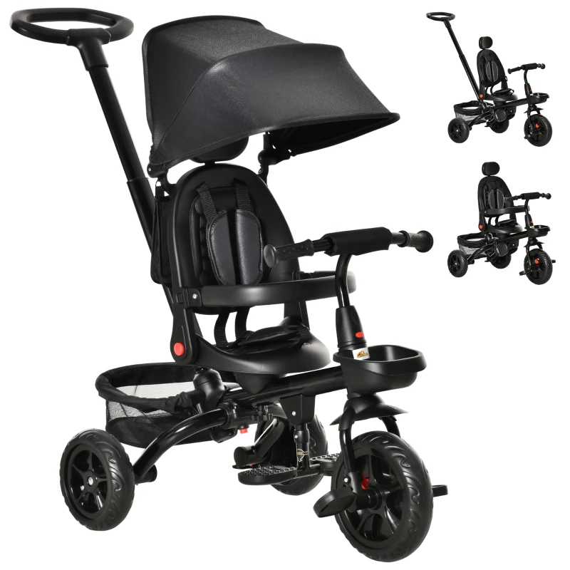 Qaba Tricycle for Toddler 5 in 1 Kids Trike, Foldable Converts Stroller to Toddler Bike, Adjustable Backrest & Curved Canopy, Detachable Guardrail & Handle for 1-5 Years Old, Black