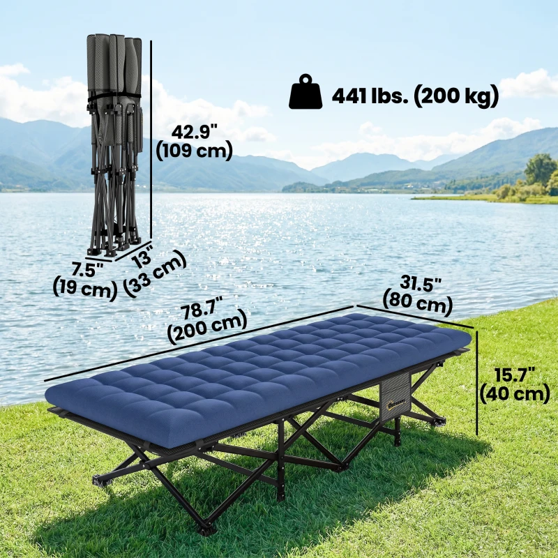 Outsunny Camping Cot with Soft Pad, 32" Extra Wide Folding Cots with Non-Slip Feet and Carry Bag, Blue