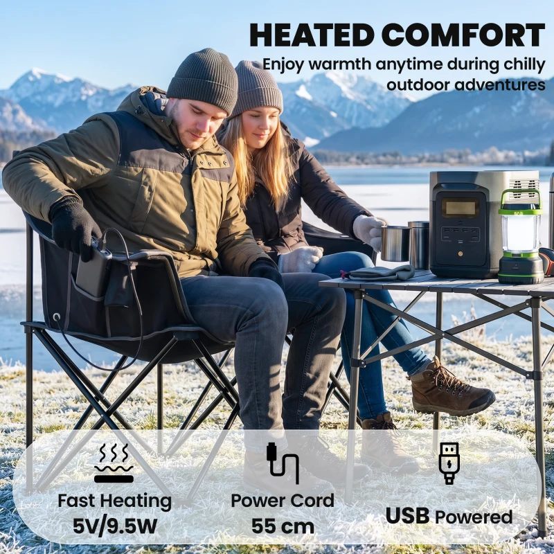Outsunny Heated Double Camping Chair, Oversized Folding Padded Camp Loveseat Couch with 3 Heat Levels and 4 Heating Zones