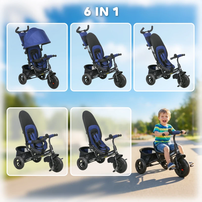 Qaba 6 in 1 Tricycle for Toddler 1-5 Years with Parent-Push Handle, Dark Blue