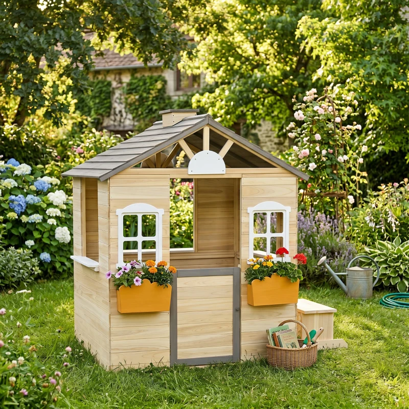 Outsunny Outdoor Playhouse, Wooden Kids Playhouse with Working Door, Windows, Bench, Service Station, Flower Pot Holder, Cottage Play House for 3-7 Years Old Pretend Play, Natural