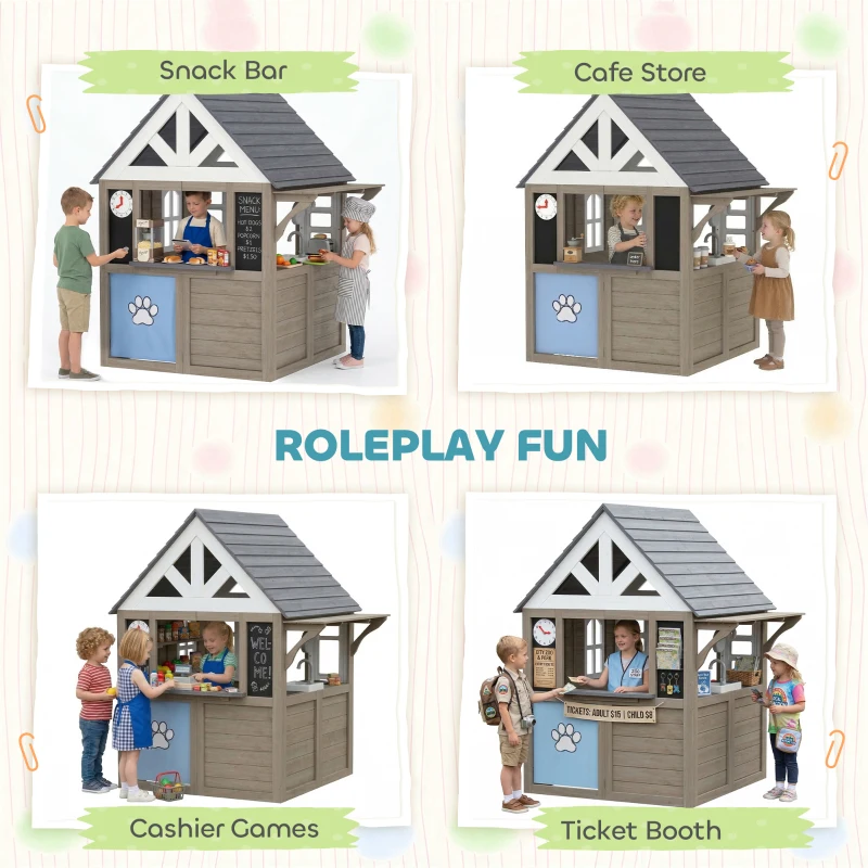 Qaba Outdoor Playhouse, Wooden Kids Playhouse with Dog Door, Flower Box, Cookware & Window for Garden Ages 2+, Gray