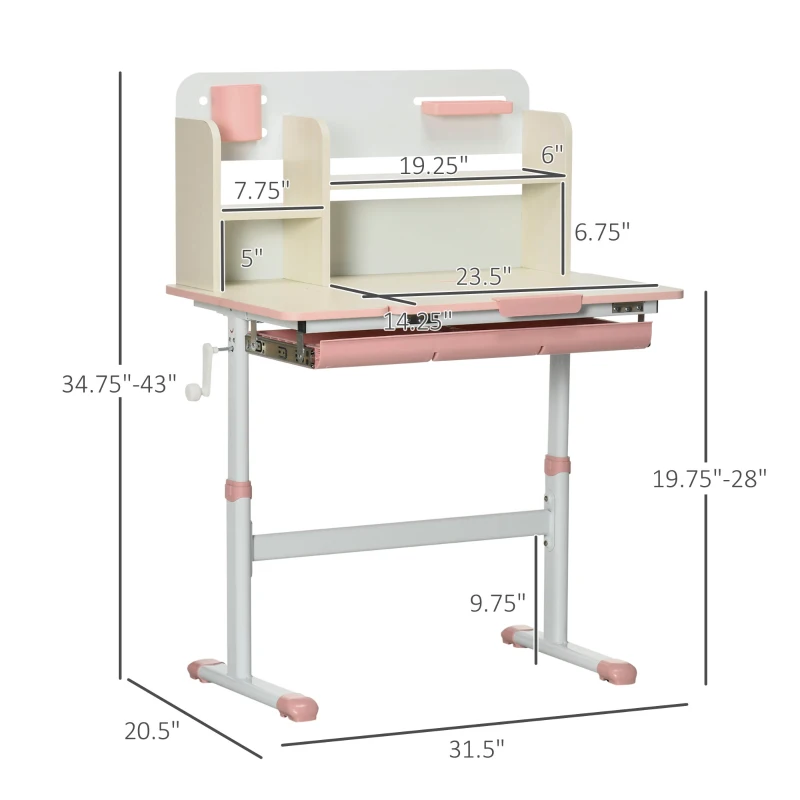 Qaba Wooden Kids Study Desk, Height Adjustable Children School Study Table, Student Writing Desk with Tilt Desktop, Drawer, Storage Shelf, Pen Holder, Pink