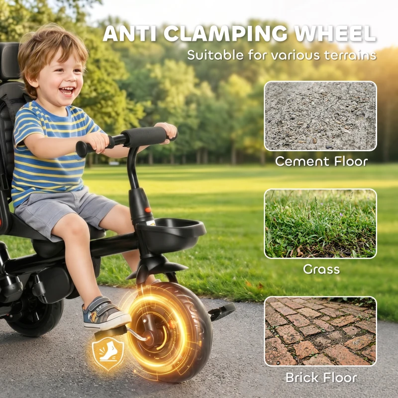 Qaba Tricycle for Toddler 5 in 1 Kids Trike, Converts Stroller to Toddler Bike, Adjustable Backrest & Flat Canopy, Detachable Guardrail & Handle for 1-5 Years Old, Black